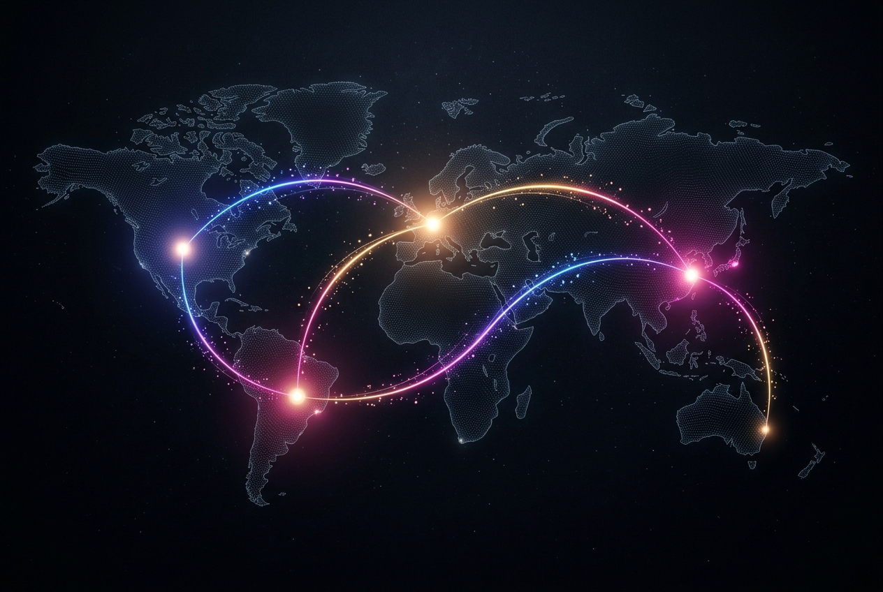 A dark world map with luminous connection points at Toronto, New York, Amsterdam, and Lagos linked by glowing arcs, illustrating CCDP's global collaboration vision.
